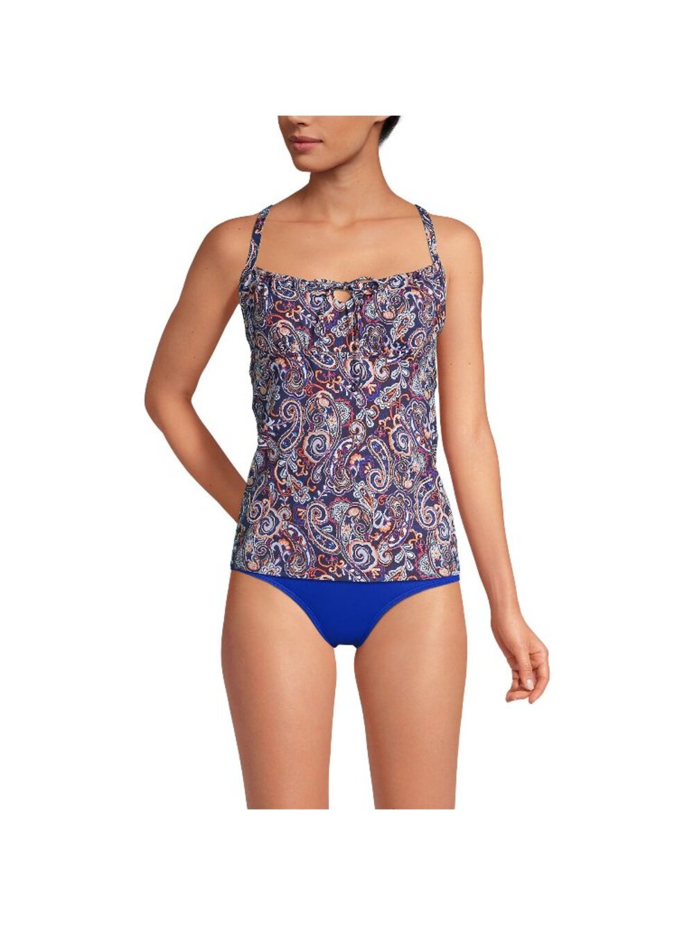 Lands End Chlorine Resistant Tie Front Underwire Tankini Paisley Blue Purple 12